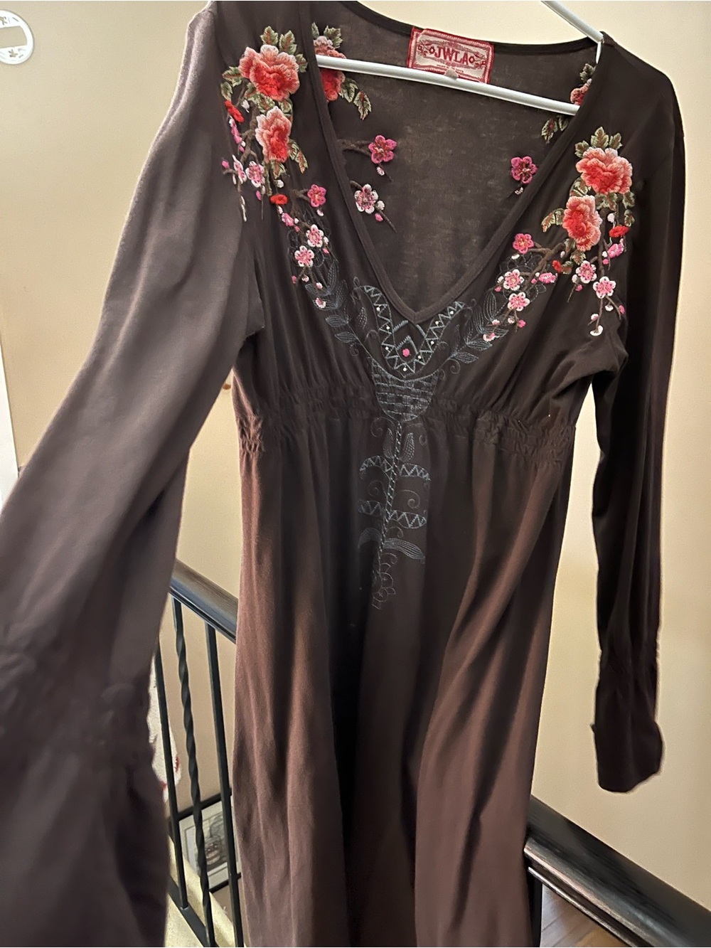 Johnny Was Brown Top with Pink Embroidered Label Detail